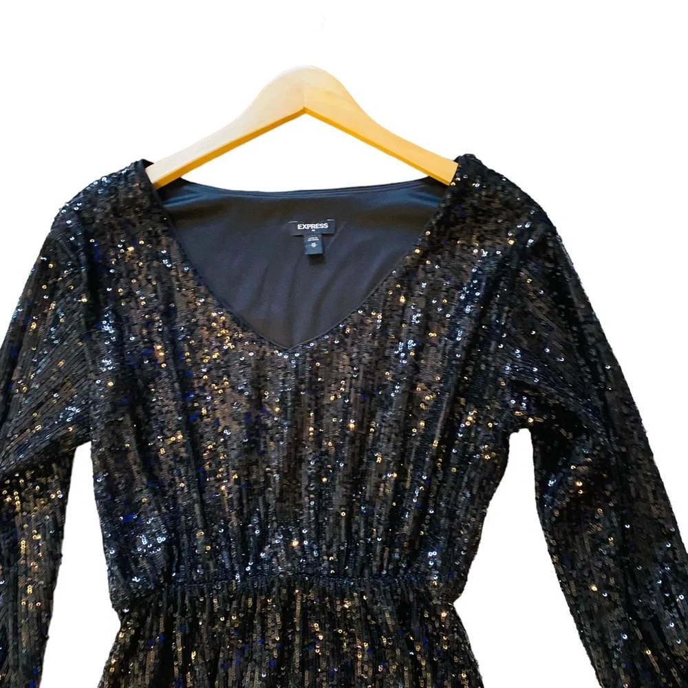 EXPRESS Black Full Sequin Mini Long Sleeved Dress - Picture 3 of 6